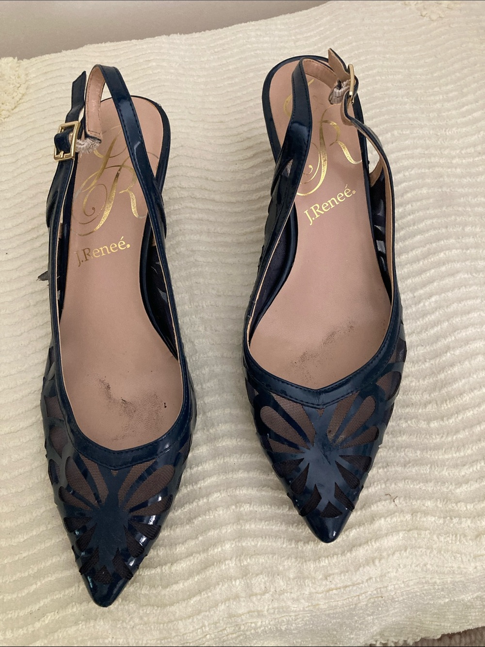J.Renee Navy Pointed Slingback Flats with Floral Cutouts
